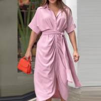 Summer new European and American women's wear tie waist short sleeve single breasted solid color shirt dress  Pink
