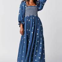 New autumn casual trumpet sleeves embroidered square collar sunflower swing dress  Deep Blue