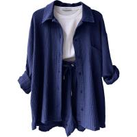 European and American women's clothing wrinkled lapel long-sleeved shirt high waist drawstring shorts fashionable casual two-piece suit  Navy Blue
