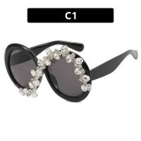 Oversized round frame sunglasses with diamonds S asymmetric black European and American exaggerated personality women's sun protection sunglasses  Gray