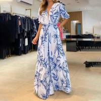 Summer new women's fashion V-neck loose mid-length printed dress  Blue