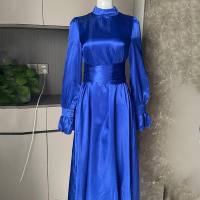 Neue europäische und amerikanische Rundhals-Lotusblatt-Ärmel hohe Taille Kreuz Stapelgurt Temperament schlankes Kleid  Blau
