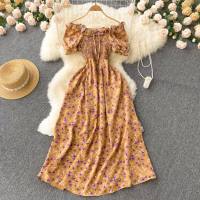 Small fresh French retro fairy slim floral dress high waist drawstring pleated waist slim long skirt  Orange
