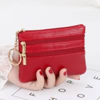 Zero Wallet Women's Short Genuine Leather Texture Small Wallet Multi functional Driver's License Card Bag Soft Leather Key Bag Zipper Bag  Burgundy