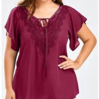 Women's trumpet sleeve short-sleeved T-shirt lace patchwork top plus size women's clothing  Red