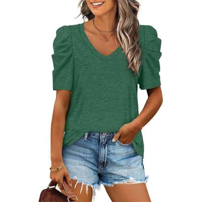 European and American popular pleated splicing V-neck short-sleeved T-shirt tops for women