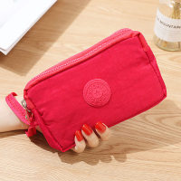 Bolso de tela versión coreana con pequeño cambio, cremallera larga y moderna de tres capas para mujer, gran capacidad, pantalla grande, bolso para llaves de teléfono  Rosa caliente