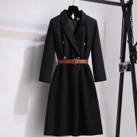 Mid-length trench coat for women, new style for autumn and winter, niche design, Hepburn style, suit collar, long skirt coat  Black