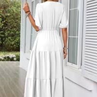 European and American women's popular V-neck button drawstring hem slit short sleeve dress  White