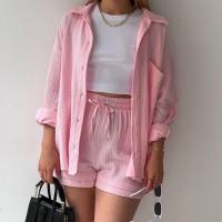European and American women's clothing wrinkled lapel long-sleeved shirt high waist drawstring shorts fashionable casual two-piece suit  Pink