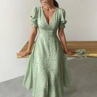 Women's European and American elegant printed V-neck lantern sleeve dress  Green