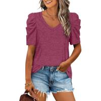 European and American popular pleated splicing V-neck short-sleeved T-shirt tops for women  Red
