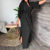 New European and American women's early autumn temperament V-neck tie waist loose casual slit dress  Black