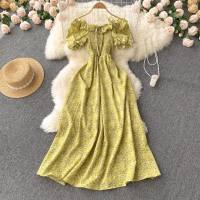 Small fresh French retro fairy slim floral dress high waist drawstring pleated waist slim long skirt  Yellow
