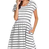 Popular striped multifunctional striped maternity dress for mothers nursing  White