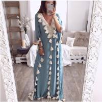 Women's Middle Eastern Large Size Robe V-Neck Blouse Tassel Stitching Dress Dress  Blue