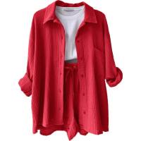 European and American women's clothing wrinkled lapel long-sleeved shirt high waist drawstring shorts fashionable casual two-piece suit  Red