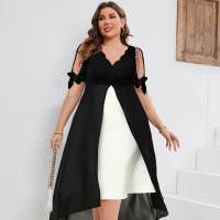 Spring and summer new large size women's V-neck splicing fake two-piece irregular sleeve dress  Black