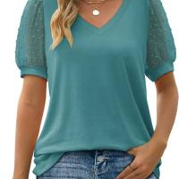 Summer new European and American women's T-shirt solid color v-neck simple mesh puff sleeves  Blue