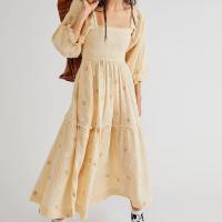 New autumn casual trumpet sleeves embroidered square collar sunflower swing dress  Apricot