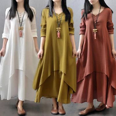New spring and autumn fake two-piece long skirt literary big swing linen dress loose long sleeve cotton and linen skirt