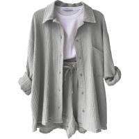 European and American women's clothing wrinkled lapel long-sleeved shirt high waist drawstring shorts fashionable casual two-piece suit  Light Gray