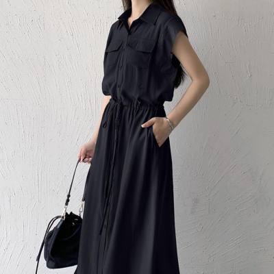 Summer new Japanese style sleeveless pocket sleeveless mid-length casual lapel dress shirt dress