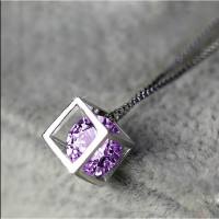 Copper silver-plated square love cube pendant for women, creative diamond-encrusted simple Korean silver jewelry, Korean style necklace  Purple
