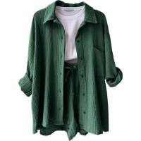 European and American women's clothing wrinkled lapel long-sleeved shirt high waist drawstring shorts fashionable casual two-piece suit  Deep Green