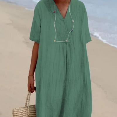 Ready-to-wear women's solid color cotton and linen dress