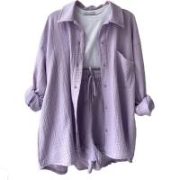 European and American women's clothing wrinkled lapel long-sleeved shirt high waist drawstring shorts fashionable casual two-piece suit  Light Purple