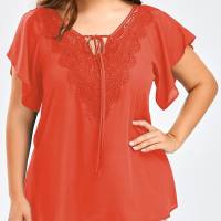 Women's trumpet sleeve short-sleeved T-shirt lace patchwork top plus size women's clothing  Orange