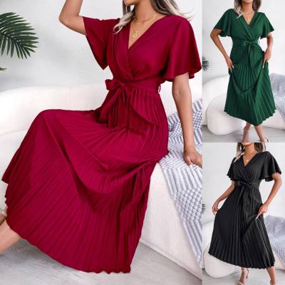 ins hot style real shot European and American spring and summer temperament cross V-neck large swing pleated long skirt women's clothing