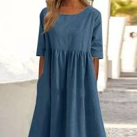 European and American women's large size loose cotton and linen round neck insert pocket five-point sleeve mid-length dress  Blue