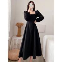 Modisches Kleid für Frauen, Neujahr, langärmeliges Kleid, Temperament, quadratischer Kragen, knielang, kleines schwarzes Kleid im Hepburn-Stil  Schwarz