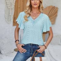 T-shirt ampia in tinta unita con maniche a foglia di loto con scollo a V in pizzo primavera ed estate da donna europea e americana  Blu