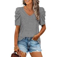T-shirt à manches courtes et col en v pour femmes, populaire européen et américain, épissure plissée  gris