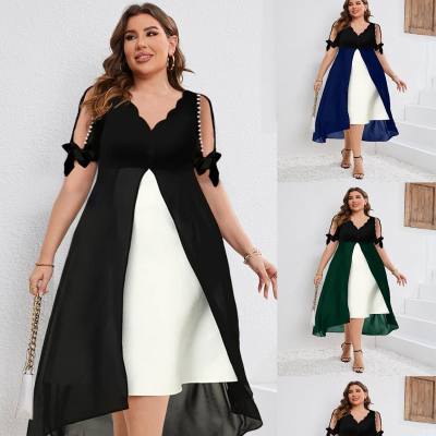 Spring and summer new large size women's V-neck splicing fake two-piece irregular sleeve dress