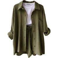 European and American women's clothing wrinkled lapel long-sleeved shirt high waist drawstring shorts fashionable casual two-piece suit  Army Green