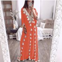 Women's Middle Eastern Large Size Robe V-Neck Blouse Tassel Stitching Dress Dress  Orange
