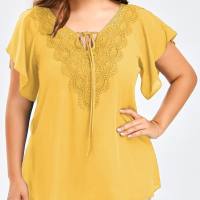 Women's trumpet sleeve short-sleeved T-shirt lace patchwork top plus size women's clothing  Yellow