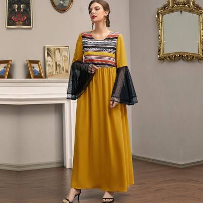 Spring and summer all-match black flared long-sleeved retro print slim Korean style yellow thin dress