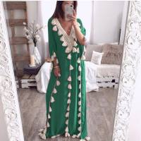 Women's Middle Eastern Large Size Robe V-Neck Blouse Tassel Stitching Dress Dress  Green
