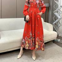 Positioning flower long sleeve dress  Red