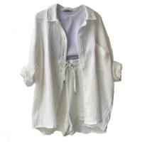 European and American women's clothing wrinkled lapel long-sleeved shirt high waist drawstring shorts fashionable casual two-piece suit  White