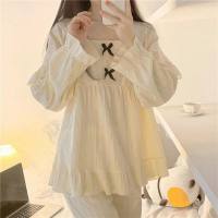 Sweet Korean cross-border princess style long sleeved pajamas for women with bows and sweet home clothes  White