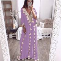Women's Middle Eastern Large Size Robe V-Neck Blouse Tassel Stitching Dress Dress  Light Purple