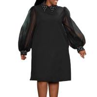 Europeu e americano feminino nova moda malha mangas frisado temperamento africano tamanho grande vestido de comércio exterior  Preto