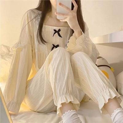 Sweet Korean cross-border princess style long sleeved pajamas for women with bows and sweet home clothes