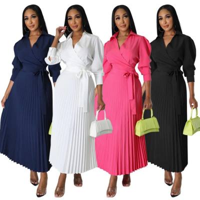 Spring and Summer Long Sleeve Polo Neck High Waist Fashion Casual Pleated Women's Dress